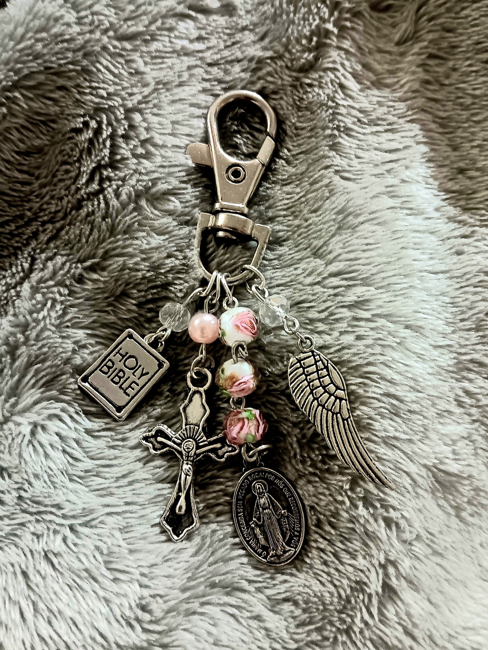 Religious Charm Keychain with Pink Rose Beads
